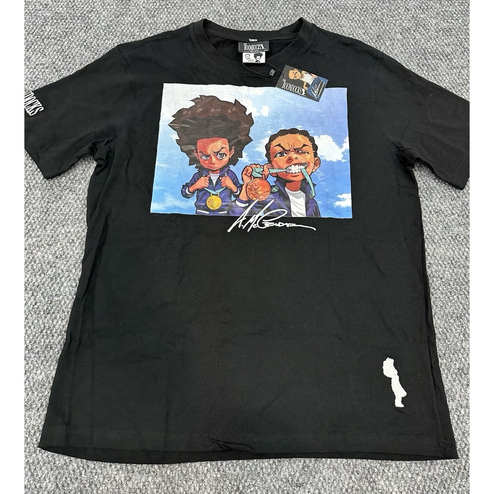 Vtg The Boondocks Cartoon T-Shirt Men's Large Black Y2K Hip Hop Adult Swim TV